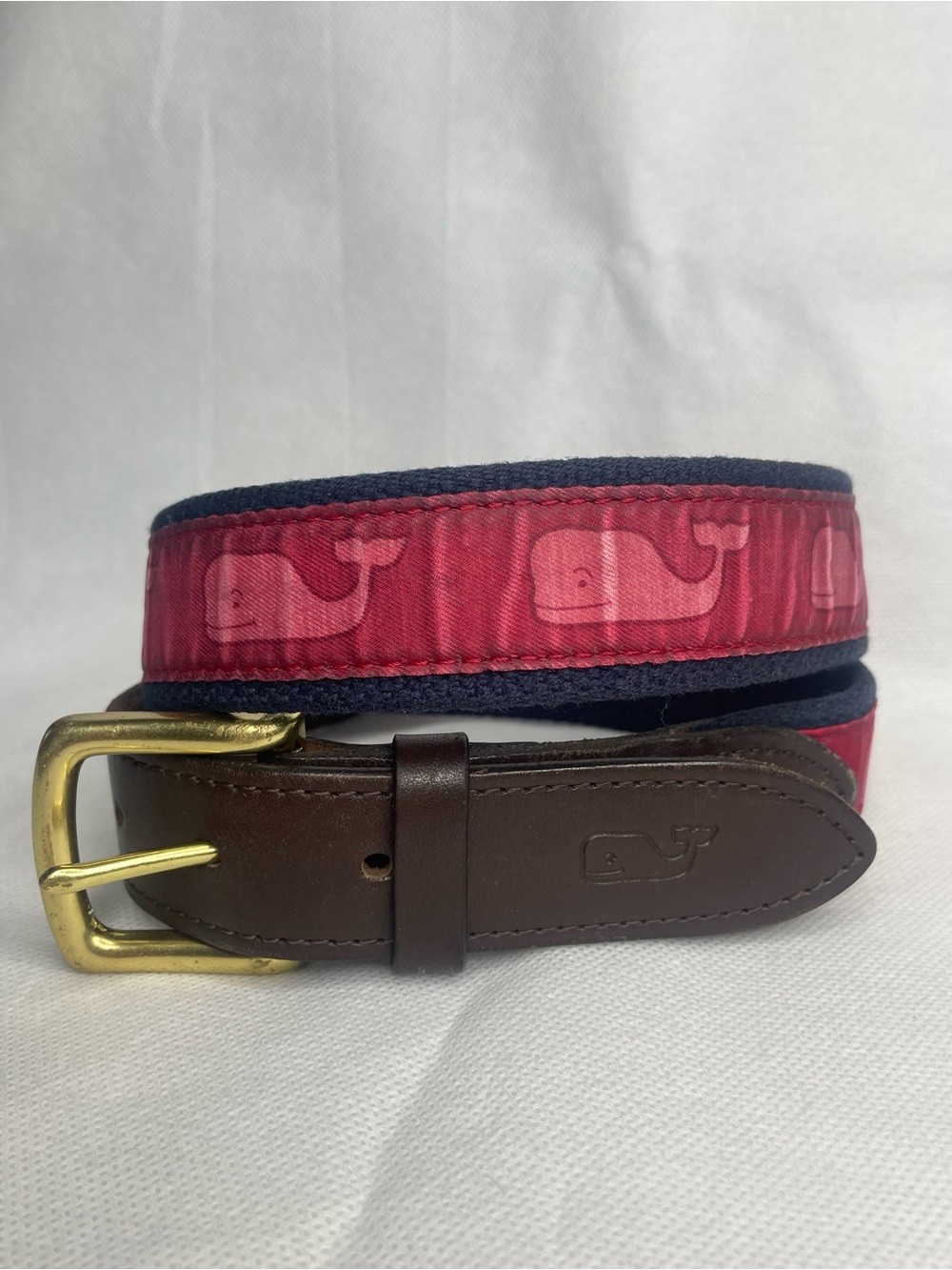 Vineyard Vines Traditional Whale Golf Canvas Leather Belt Size 32 Red Navy USA